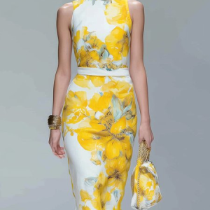 Elegant Floral Printing Stand Collar Knee Length Dress, Midi Dresses, color:Yellow|size:XXL, Stylewe
