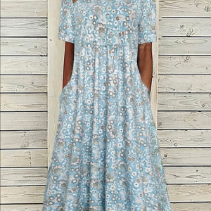 Women Floral Short Sleeve Crew Neck Printing Dress Daily Casual Maxi Shift Dress H-Line Summer Dress, JustFashionNow Casual Dresses, color:Blue|size:4XL