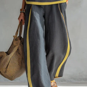 Cotton And Linen Casual Color Block Wide Leg Pants, Pants, color:Gray|size:XXL, Stylewe