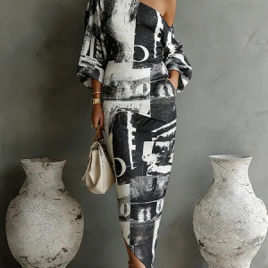 Casual Random Print Balloon Sleeve One Shoulder Maxi Dress, Maxi Dresses, color:Black-white|size:XXL, Stylewe