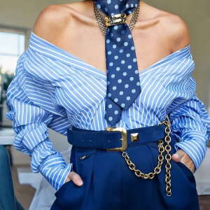 Urban Striped Printing Shirt Collar Shirt With Tie, Blouses and Shirts, color:Blue|size:XXL, Stylewe