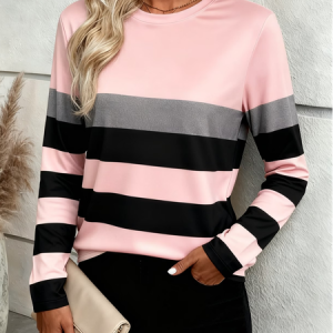 Women Striped Long Sleeve Tee T-shirt Crew Neck Printing Casual Graphic Tee Spring/Fall Top, JustFashionNow T-Shirts, color:Pink|size:XXL