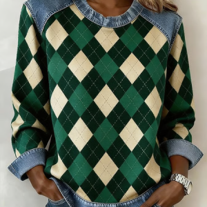 Women Plaid Crew Neck Printing Vintage Spring/Fall Long Sleeve Sweatshirt, JustFashionNow Sweatshirts & Hoodies, color:Green|size:4XL