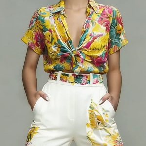 Urban Floral Printing Shirt Collar Shirt, Blouses and Shirts, color:Yellow|size:XXL, Stylewe