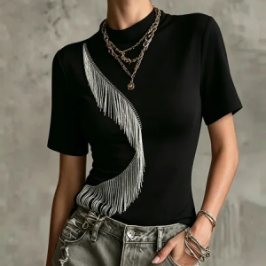 Cotton Urban Plain Tassel Crew Neck T-shirt, Tees, color:Black|size:XXL, Stylewe