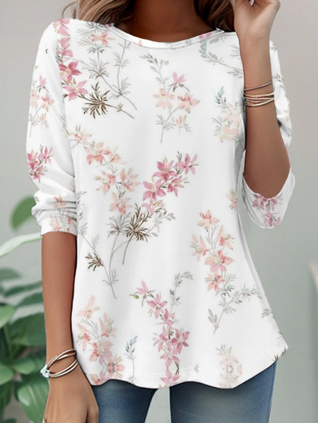 Women Floral Long Sleeve Tee T-shirt Crew Neck Casual Tunic Spring/Fall Top, JustFashionNow T-Shirts, color:White|size:XXL - Image 5