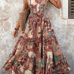Women Geometric Short Sleeve V Neck Printing Dress Daily Vintage Maxi Fit & Flare Dress A-Line Summer Dress, JustFashionNow Dresses, color:Brown|size:XL