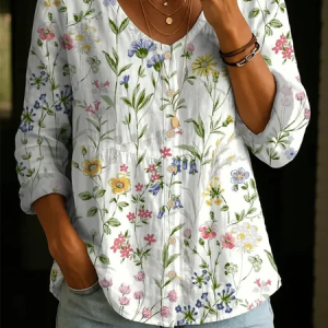 Women Floral V Neck Long Sleeve Blouse Printing Casual Daily Spring/Fall Top, JustFashionNow Blouses, color:White|size:5XL
