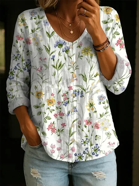 Women Floral V Neck Long Sleeve Blouse Printing Casual Daily Spring/Fall Top, JustFashionNow Blouses, color:White|size:5XL