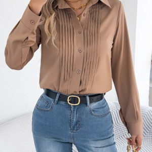 Women Plain Shawl Collar Long Sleeve Shirt Split Joint Casual Daily Spring/Fall Top, JustFashionNow Blouses, color:Khaki|size:XL