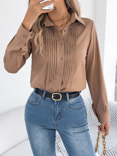 Women Plain Shawl Collar Long Sleeve Shirt Split Joint Casual Daily Spring/Fall Top, JustFashionNow Blouses, color:Khaki|size:XL