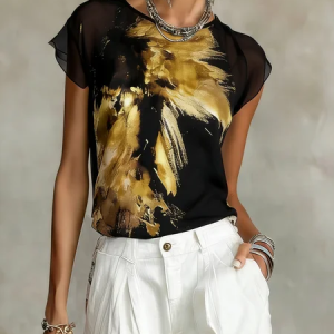 Elegant Random Print Printing Crew Neck Blouse With Sling, Blouses and Shirts, color:Black-Yellow|size:XXL, Stylewe