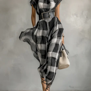 Urban Plaid Printing Stand Collar Maxi Dress With Belt, Maxi Dresses, color:Black|size:XXL, Stylewe