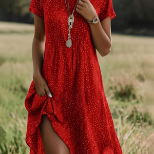 Women Polka Dots Short Sleeve Summer Printing Dress Crew Neck Daily Casual Mini Tunic H-Line Dress, JustFashionNow Casual Dresses, color:Red|size:XXL
