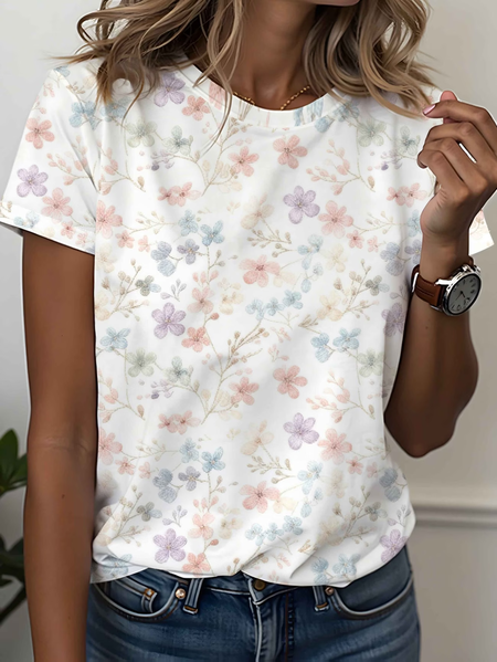 Women Floral Short Sleeve Tee T-shirt Crew Neck Printing Casual Graphic Tee Summer Top, JustFashionNow T-Shirts, color:White|size:XXL - Image 2
