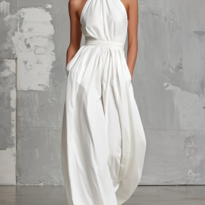 Vacation Cotton Lace-up Plain Halter Tank Jumpsuit With Belt, Jumpsuits, color:White|size:XXL, Stylewe