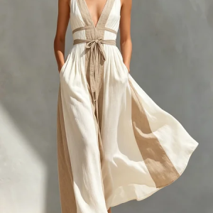 Urban Color Block V Neck Cotton And Linen Maxi Dress With Belt, Maxi Dresses, color:As Picture|size:XXL, Stylewe