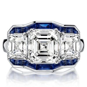 unique engagement rings - Italo Halo Asscher Cut Blue Sapphire Three Stone Engagement Ring For Women, Italo jewelry - Online Catalog