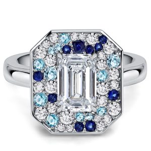 unique engagement rings - Italo Elongated Blue Sapphire Baguette Cut Halo Engagement Ring For Women, Italo jewelry - Online Catalog