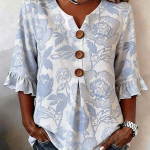 V Neck Half Sleeve Floral Printing Regular Micro-Elasticity Regular Fit Blouse For Women, Blouses, color:White|size:5XL, catalog Noracora shop