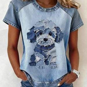 Women Dog Short Sleeve Tee T-shirt Crew Neck Printing Vintage Summer Top, JustFashionNow T-Shirts, color:Blue|size:4XL