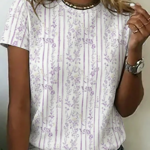 Women Striped Short Sleeve Tee T-shirt Crew Neck Printing Casual Graphic Tee Summer Top, JustFashionNow T-Shirts, color:White|size:XXL