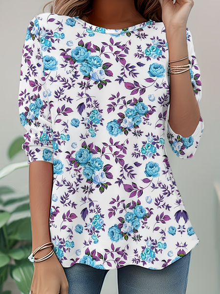 Women Floral Long Sleeve Tee T-shirt Crew Neck Casual Tunic Spring/Fall Top, JustFashionNow T-Shirts, color:White|size:XXL