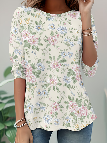 Women Floral Long Sleeve Tee T-shirt Crew Neck Casual Tunic Spring/Fall Top, JustFashionNow T-Shirts, color:Apricot|size:XXL