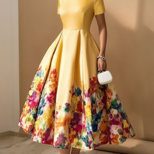 Elegant Floral Printing Crew Neck Midi Party Dress, Cocktail Dresses, color:Yellow|size:XXL, Stylewe