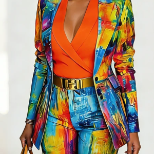Elegant Printing Plain Lapel Collar Blazer, Blazers, color:As Picture|size:XXL, Stylewe