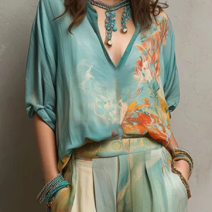 Vacation Floral Printing V Neck Blouse, Blouses and Shirts, color:As Picture|size:XXL, Stylewe