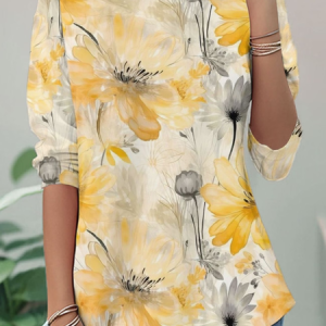 Women Floral Long Sleeve Tee T-shirt Crew Neck Casual Tunic Spring/Fall Top, JustFashionNow T-Shirts, color:Yellow|size:5XL