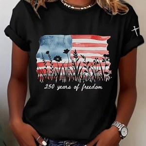 Women Independence Day (Flag) Short Sleeve Tee T-shirt Crew Neck Printing Casual Graphic Tee Summer Top, JustFashionNow T-Shirts, color:Black|size:XXL