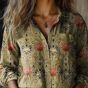 Women Floral Print Long Sleeve Shirt Spring/Fall Shawl Collar Casual Vintage Top, JustFashionNow Blouses, color:Color3|size:4XL