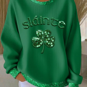 Women Shamrock Crew Neck Printing Casual Spring/Fall Long Sleeve Sweatshirt, JustFashionNow Sweatshirts & Hoodies, color:Dark Green|size:5XL