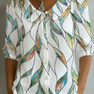 Women Abstract Shawl Collar Half Sleeve Shirt Printing Casual Daily Summer Top, JustFashionNow Shirts, color:White|size:5XL