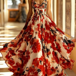 Vacation Floral Printing Spaghetti Maxi Dress, Maxi Dresses, color:Red|size:XXL, Stylewe
