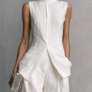 Plus Size Cotton And Linen Casual Plain Stand Collar Shirt, Plus Tops, color:White|size:4X, Stylewe
