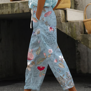 Women Floral Long Pants Casual Spring/Fall Trousers, JustFashionNow Pants, color:Blue|size:4XL