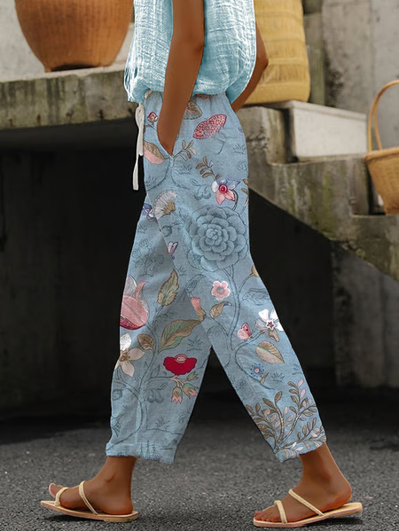 Women Floral Long Pants Casual Spring/Fall Trousers, JustFashionNow Pants, color:Blue|size:4XL