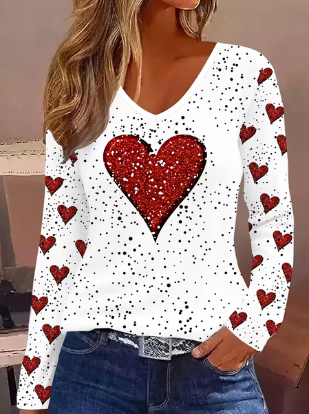 Women Heart/Cordate Long Sleeve Tee T-shirt V Neck Printing Casual Graphic Tee Spring/Fall Top, JustFashionNow T-Shirts, color:White|size:XXL - Image 2