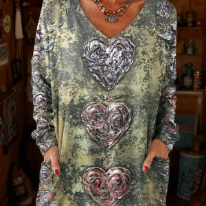 Women Heart/Cordate Long Sleeve Tee T-shirt V Neck Printing Vintage Spring/Fall Top, JustFashionNow T-Shirts, color:As Picture|size:XXL