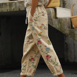 Women Floral Long Pants Casual Spring/Fall Trousers, JustFashionNow Pants, color:Khaki|size:4XL