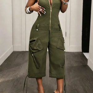 Casual Plain Halter Neck Jumpsuit, Jumpsuits, color:Army Green|size:XXL, Stylewe