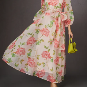 Elegant V-Neck Floral Print Cinched Waist Flowy Dress, Midi Dresses, color:Pink|size:XXL, Stylewe