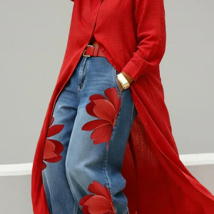 Plus Size Cotton Casual Plain Shawl Collar Shirt, Plus Tops, color:Red|size:4X, Stylewe