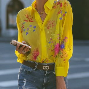 Vacation Floral Printing Shirt Collar Shirt, Blouses and Shirts, color:Yellow|size:XXL, Stylewe