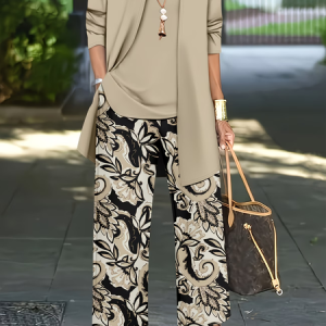 Women Floral Printing Matching Outfit Daily Long Sleeve Casual Spring/Fall Multi-Piece Set Matching Set, JustFashionNow Suit Set, color:Khaki|size:XXL