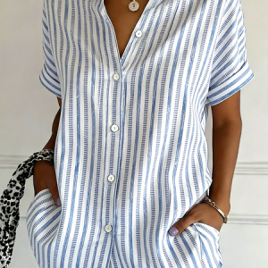 Women Striped Shawl Collar Short Sleeve Shirt Casual Daily Summer Top, JustFashionNow Blouses, color:Blue|size:4XL