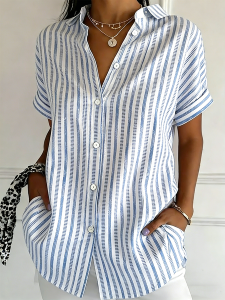 Women Striped Shawl Collar Short Sleeve Shirt Casual Daily Summer Top, JustFashionNow Blouses, color:Blue|size:4XL